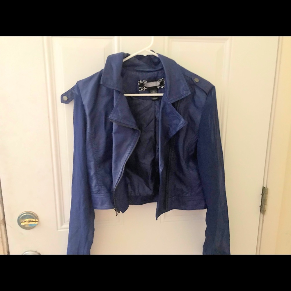 Blue leather jacket with sheer arms